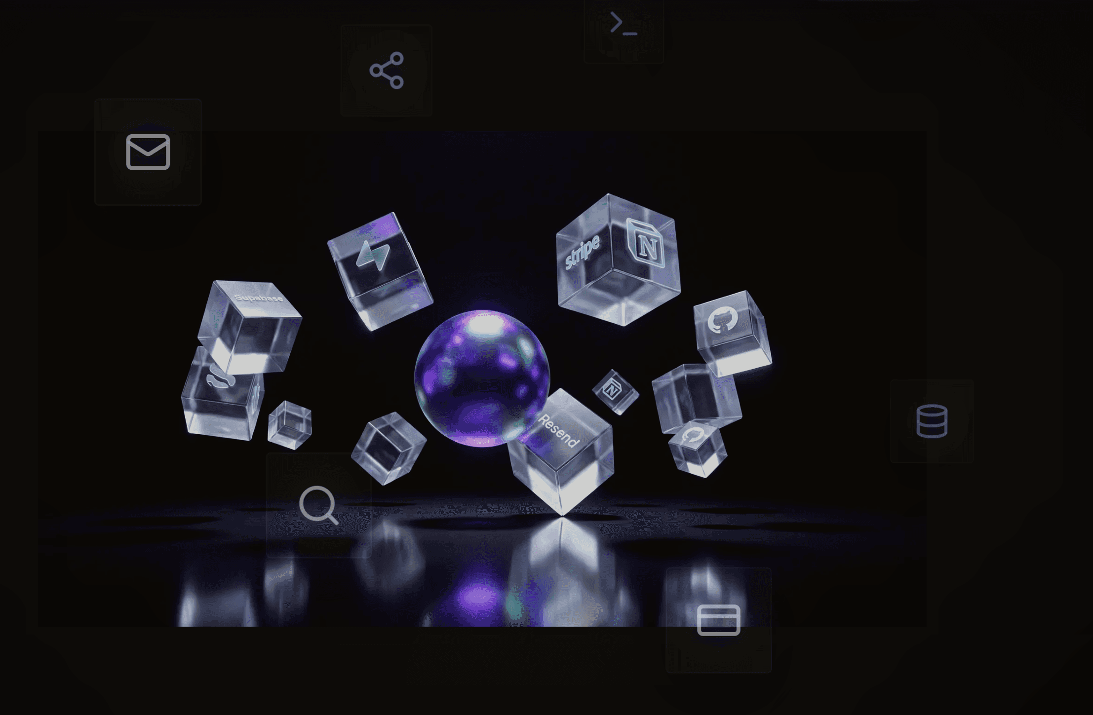 Floating glass cubes — violet orb with Supabase, Stripe, Notion, GitHub, Resend integration logos