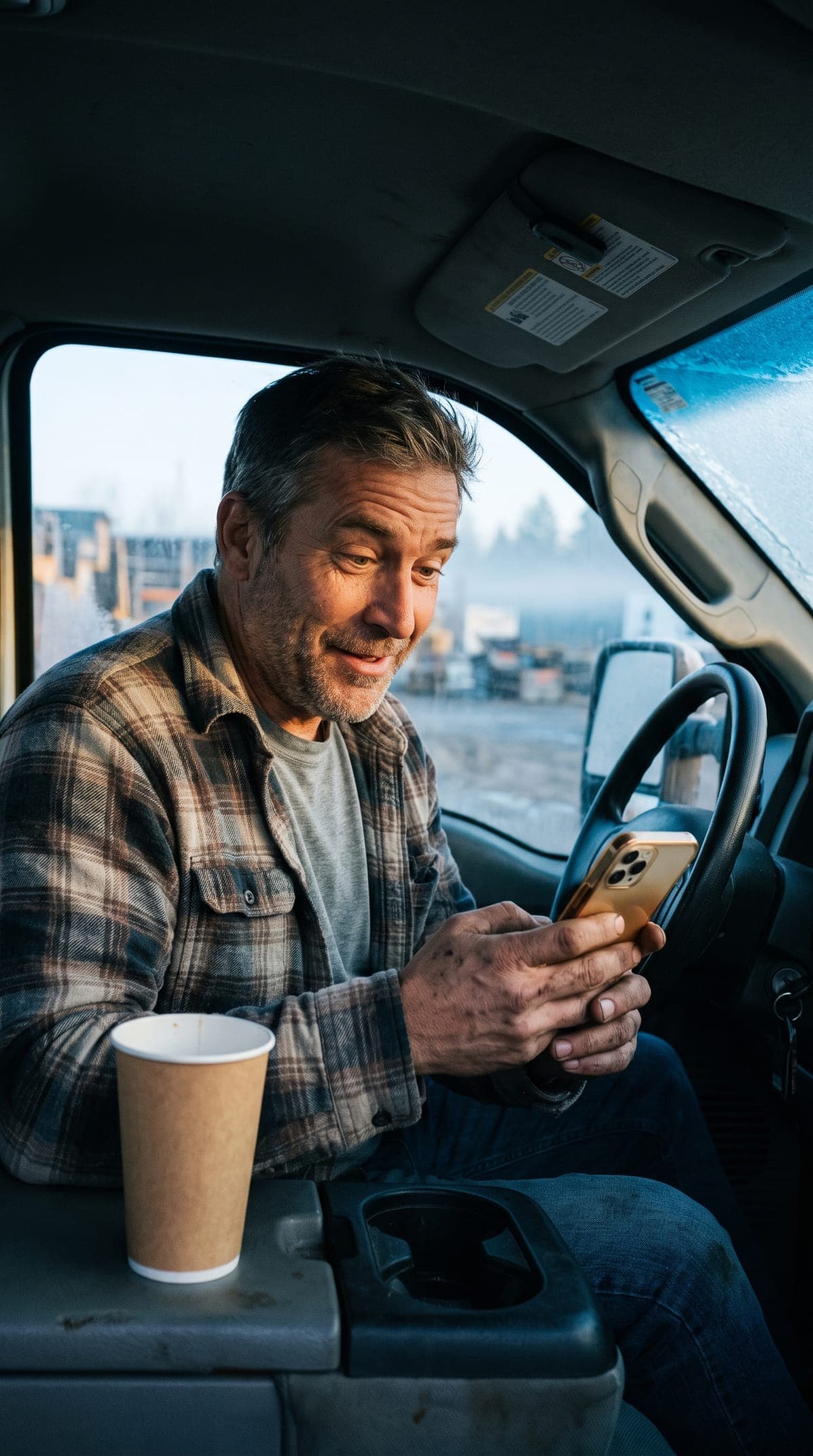 The owner smiling at his phone in the cab of his truck at dawn, coffee in the holder