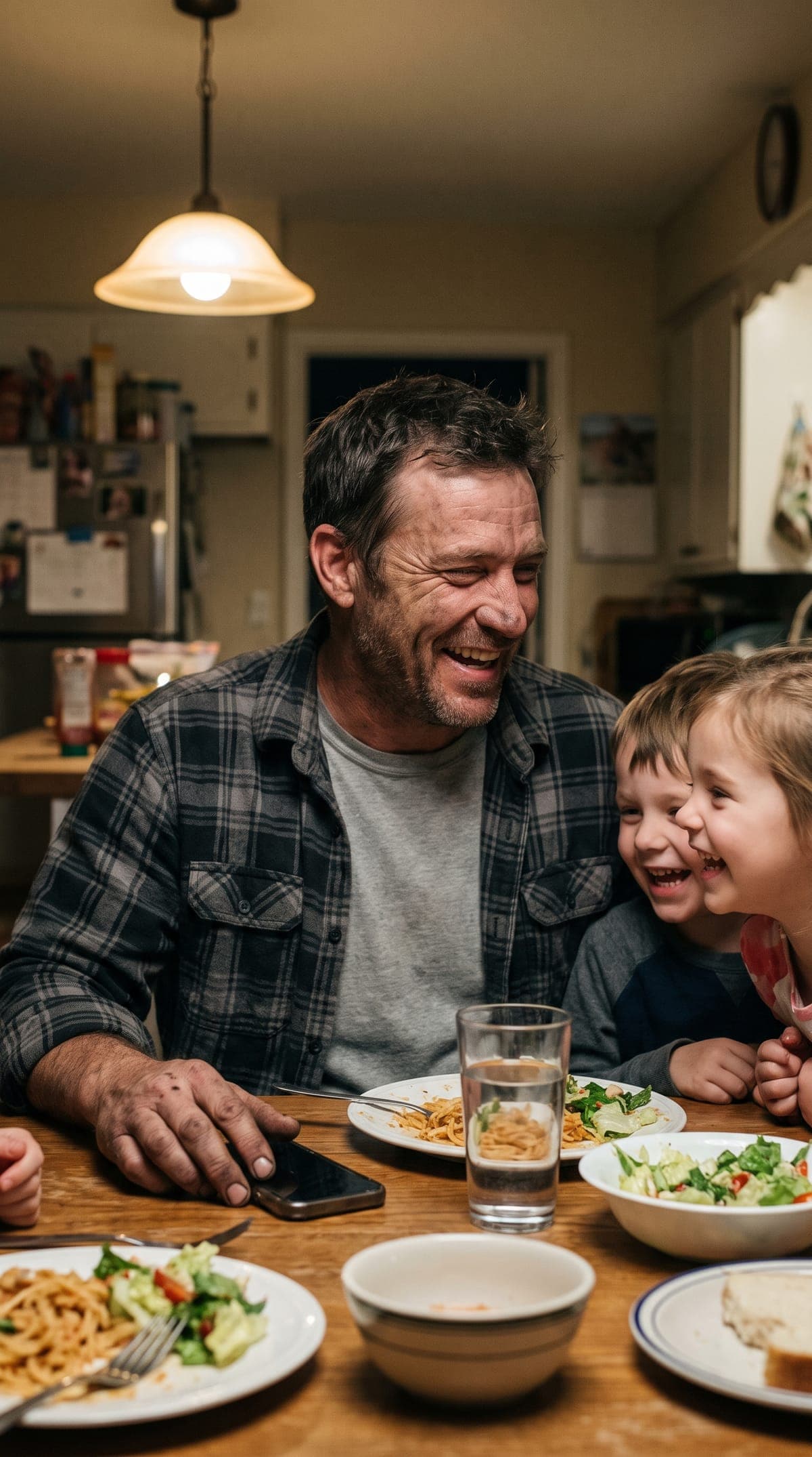 The owner laughing with his kids at the dinner table, his phone face down