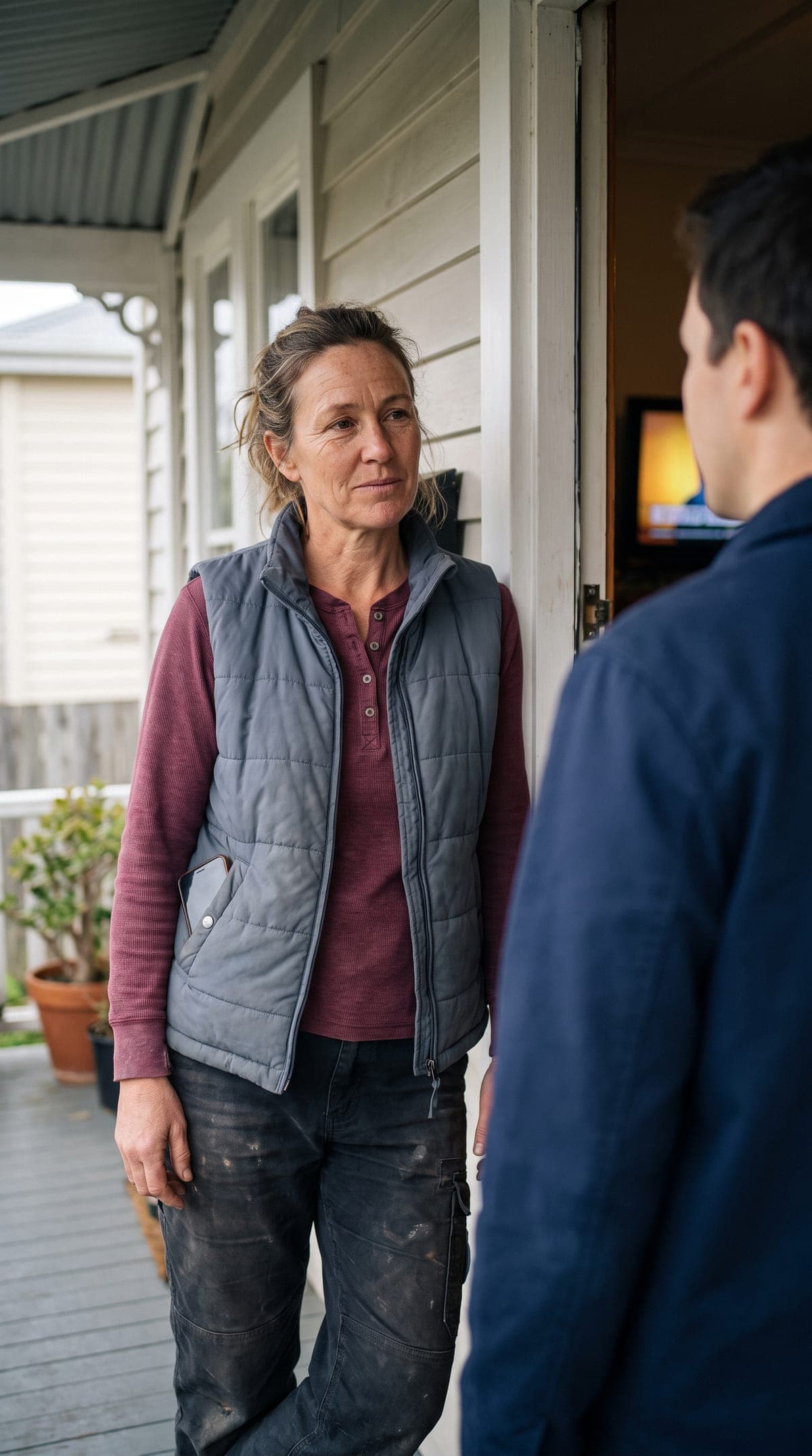 An owner in a work vest talking with a customer at his front door