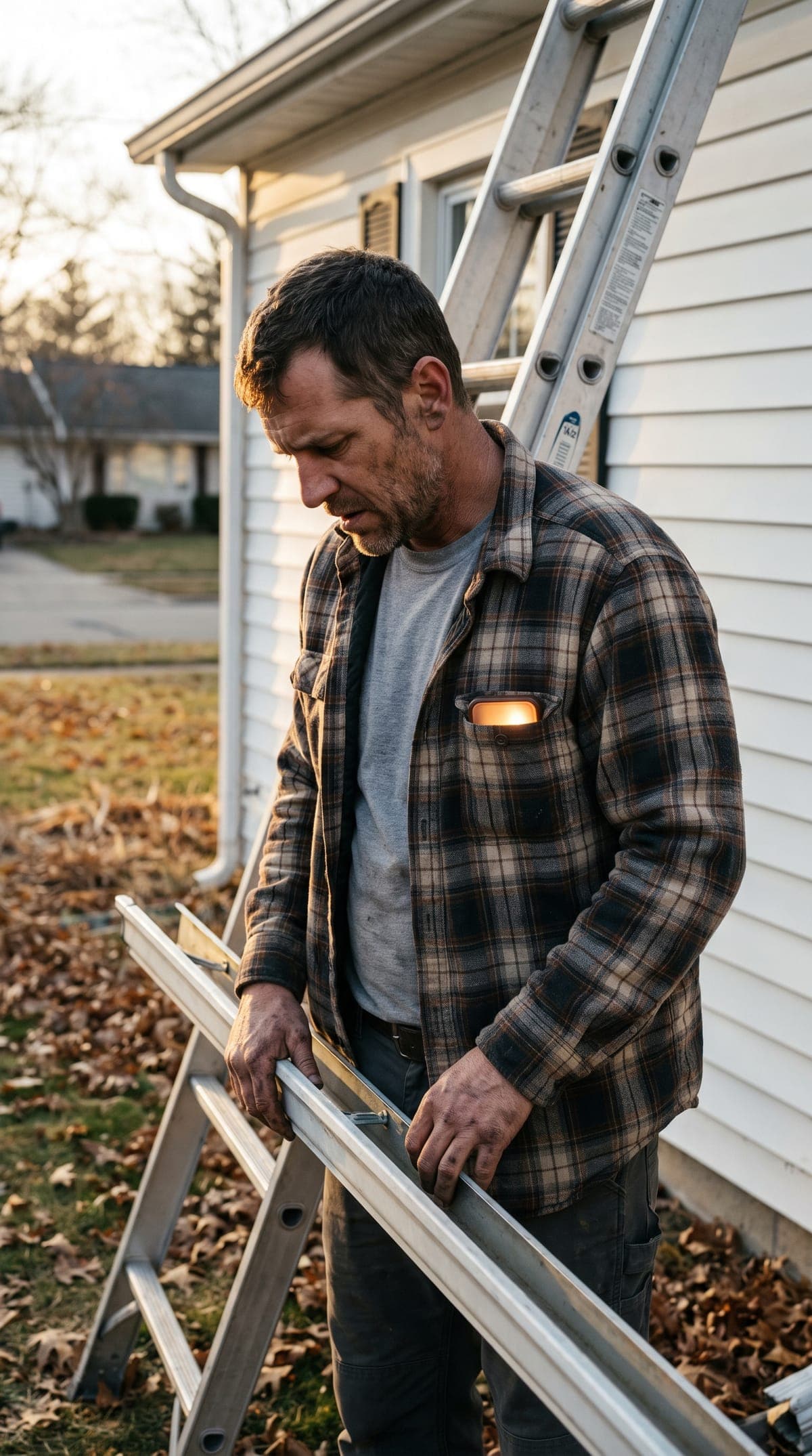 An owner on a ladder against a house at dusk, his phone lit in his shirt pocket