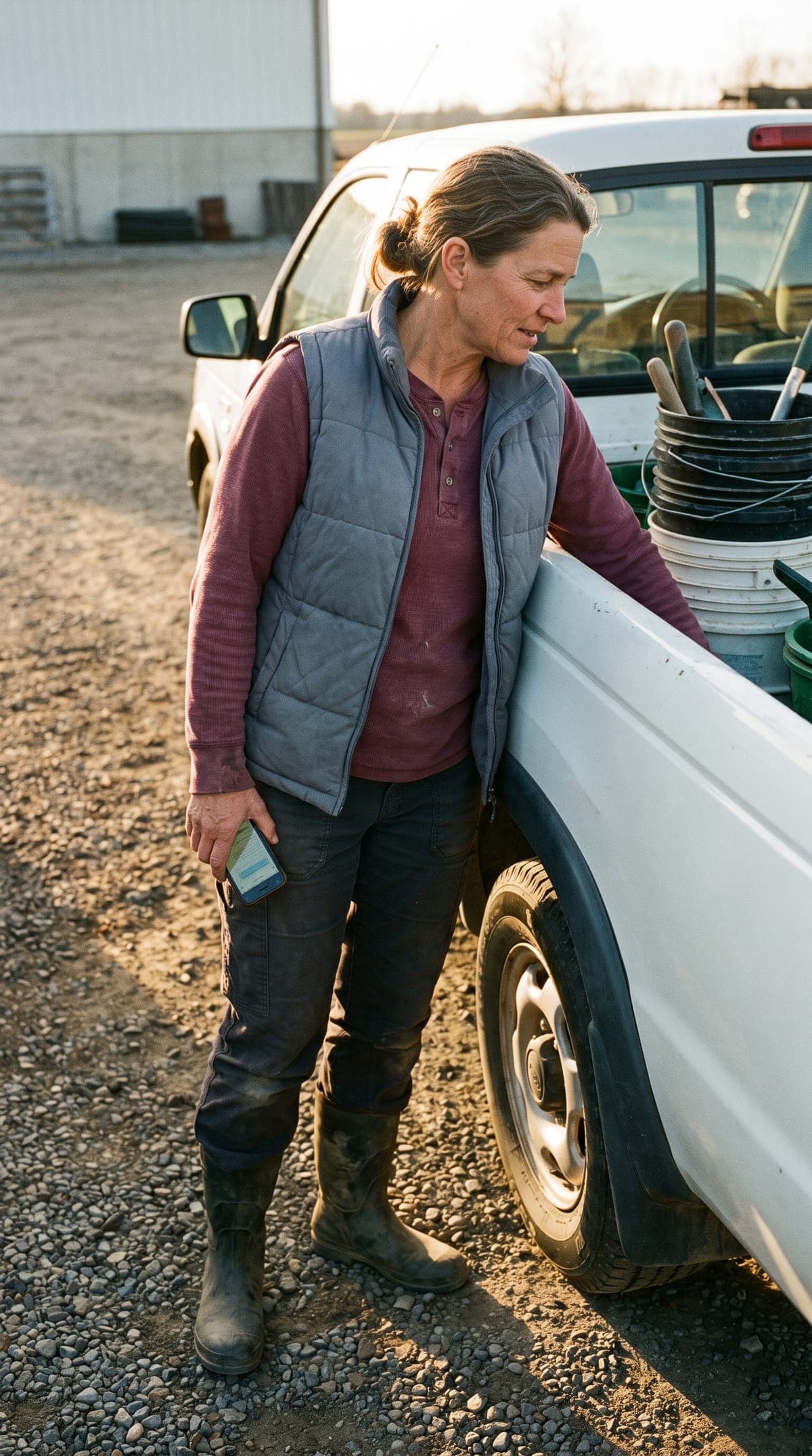 An owner in a work vest by her truck in the yard at golden hour